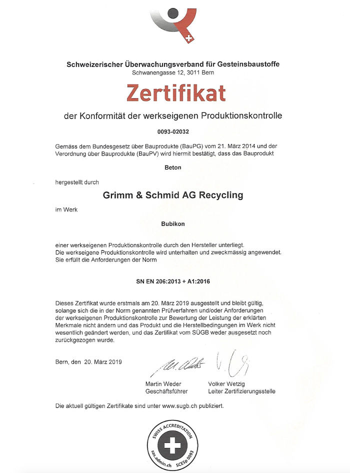 Betonwerk Zertifikat Schweizerischer Überwachungsverband für Gesteinsbaustoffe
